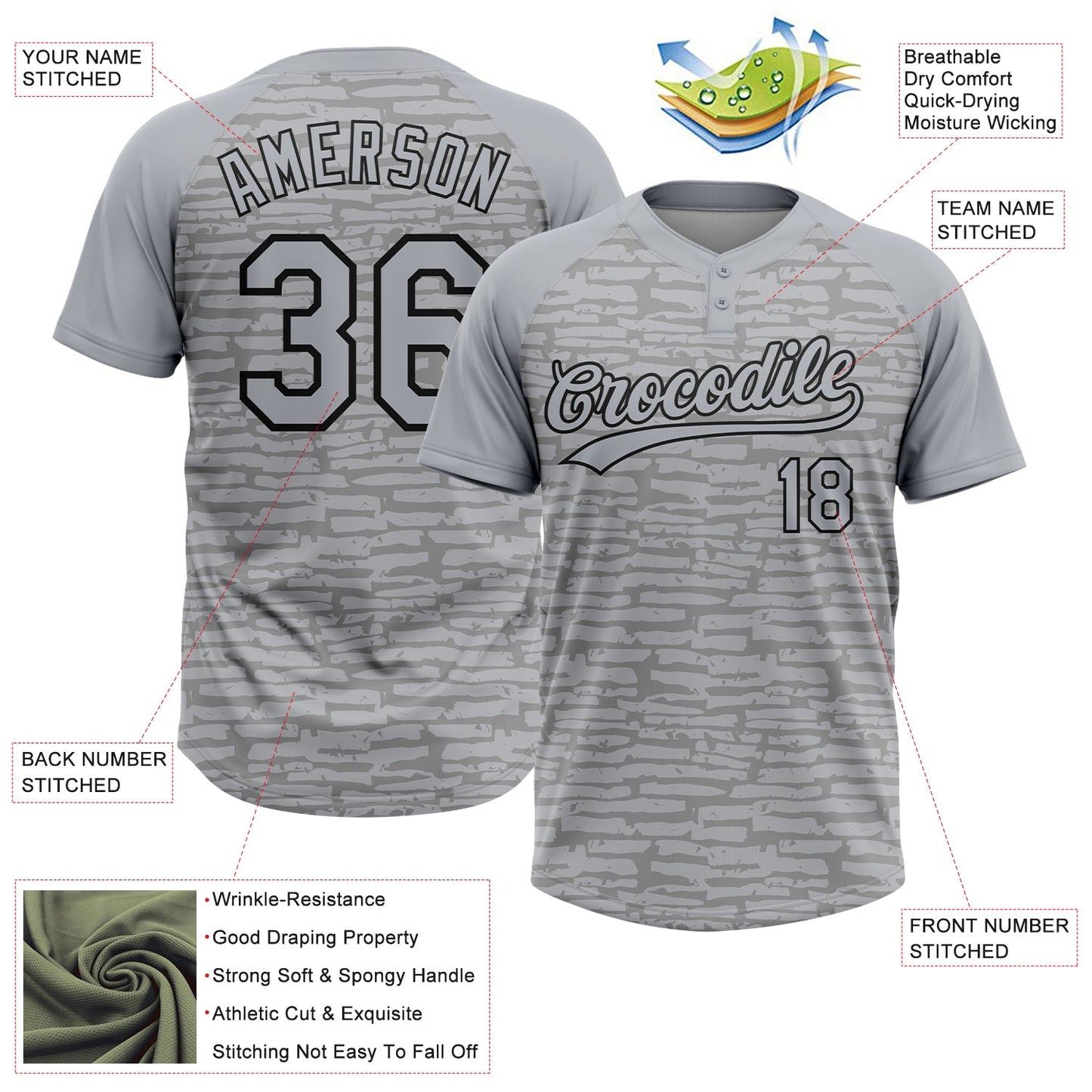 Custom Gray-Black Raglan Sleeves Distressed Fragment Brush Stroke Two-Button Unisex Softball Jersey