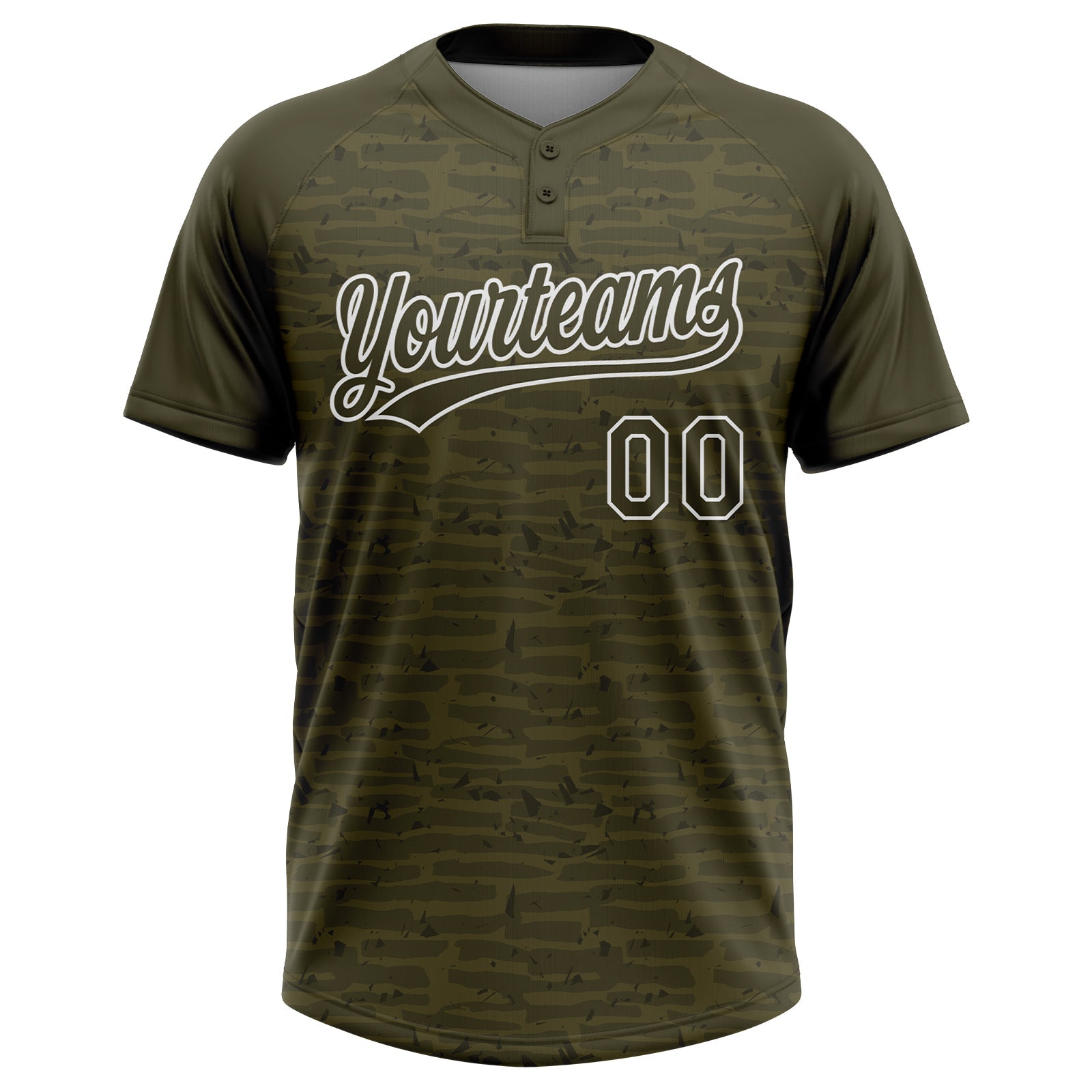 Custom Olive-White Raglan Sleeves Distressed Fragment Brush Stroke Two-Button Unisex Softball Jersey