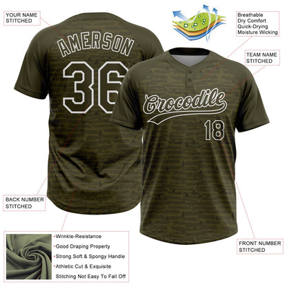 Custom Olive-White Raglan Sleeves Distressed Fragment Brush Stroke Two-Button Unisex Softball Jersey