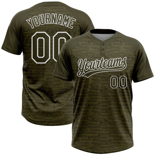Custom Olive-White Raglan Sleeves Distressed Fragment Brush Stroke Two-Button Unisex Softball Jersey