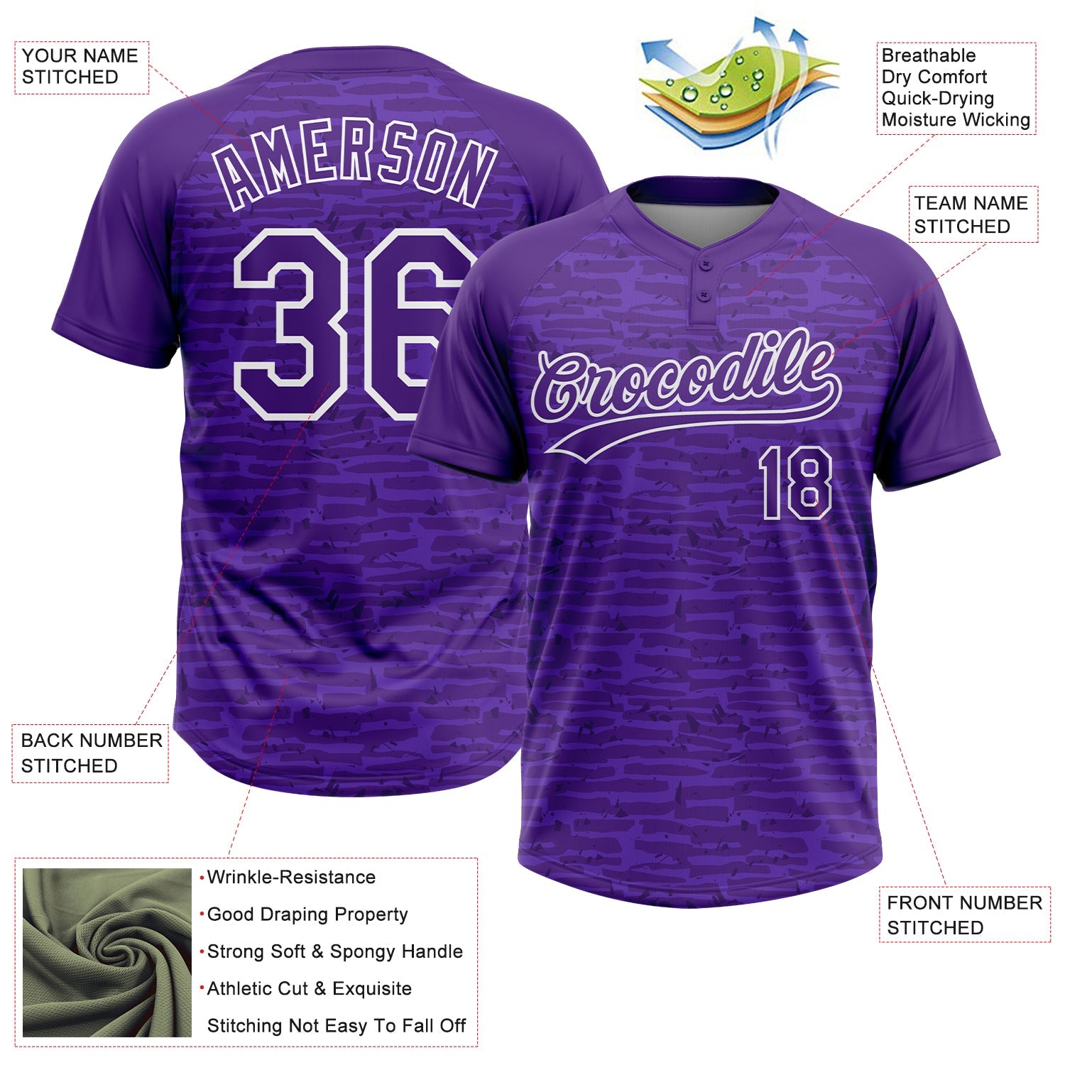 Custom Purple-White Raglan Sleeves Distressed Fragment Brush Stroke Two-Button Unisex Softball Jersey
