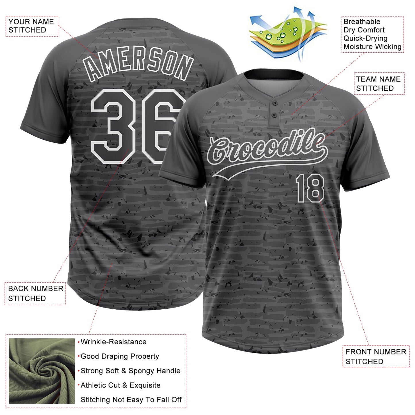 Custom Steel Gray-White Raglan Sleeves Distressed Fragment Brush Stroke Two-Button Unisex Softball Jersey