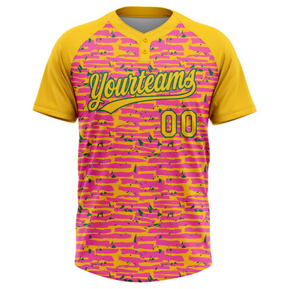 Custom Pink Yellow-Kelly Green Raglan Sleeves Distressed Fragment Brush Stroke Two-Button Unisex Softball Jersey