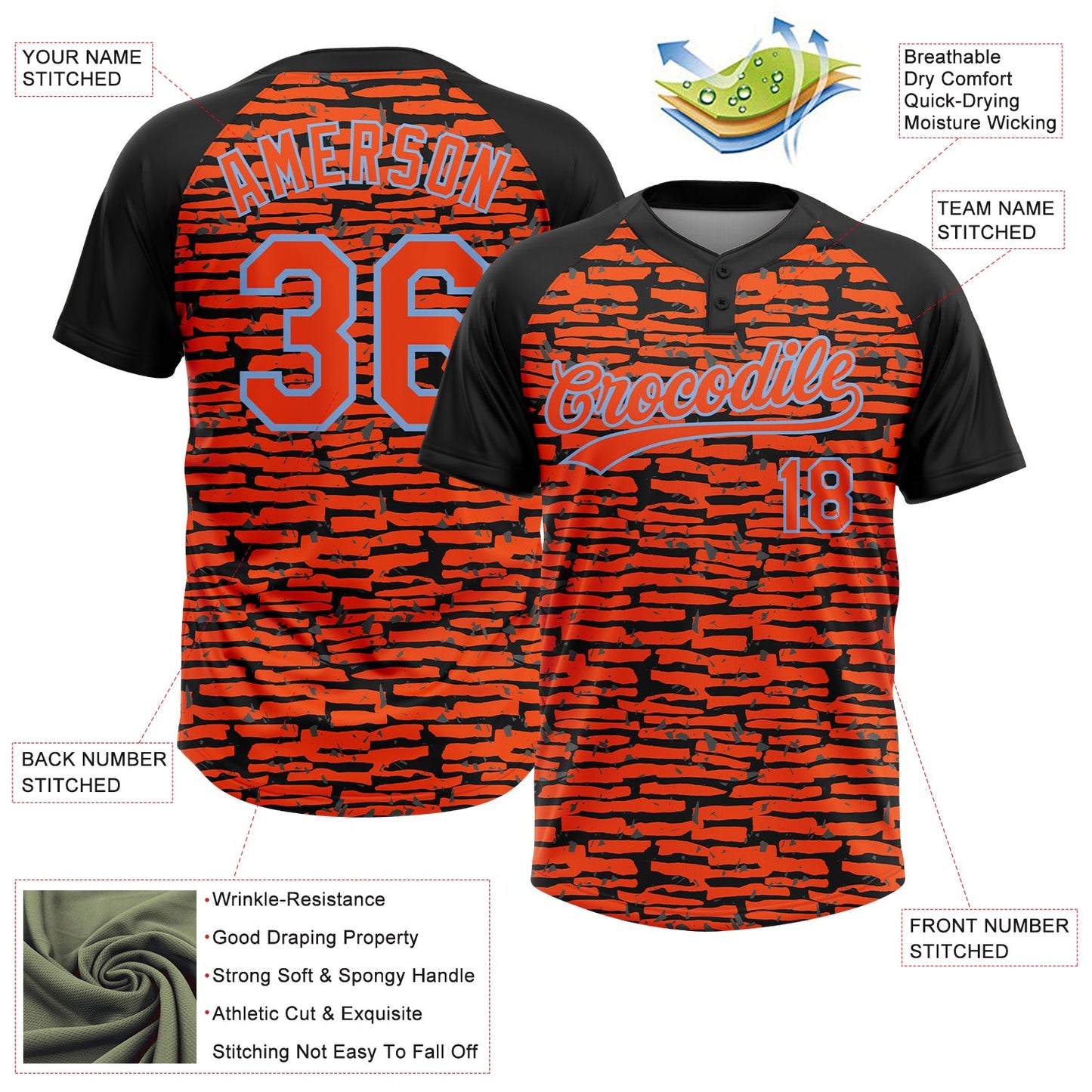 Custom Orange Black-Light Blue Raglan Sleeves Distressed Fragment Brush Stroke Two-Button Unisex Softball Jersey