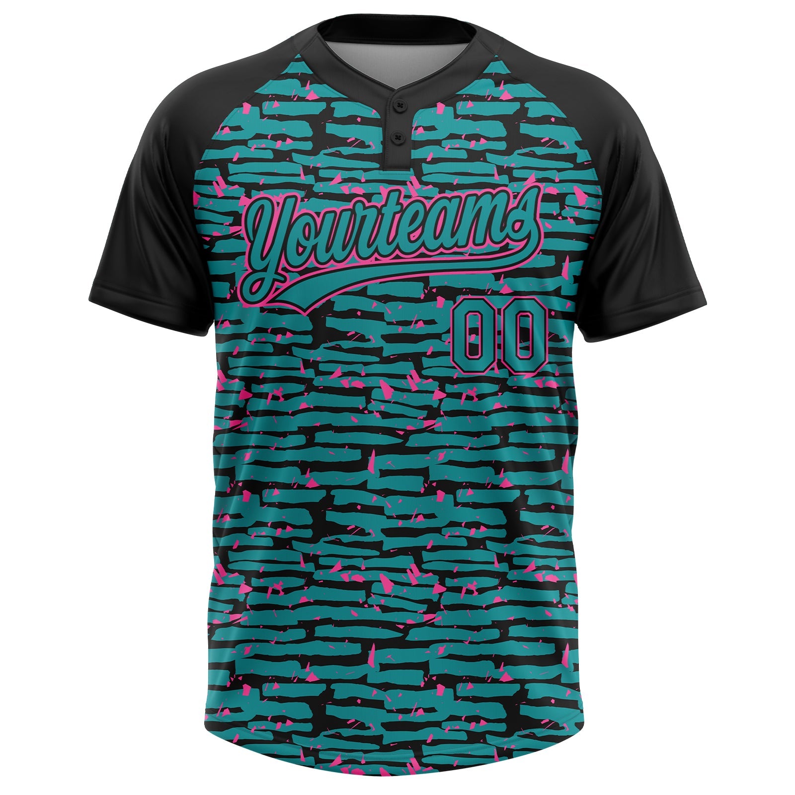 Custom Teal Black-Pink Raglan Sleeves Distressed Fragment Brush Stroke Two-Button Unisex Softball Jersey