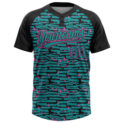 Custom Teal Black-Pink Raglan Sleeves Distressed Fragment Brush Stroke Two-Button Unisex Softball Jersey