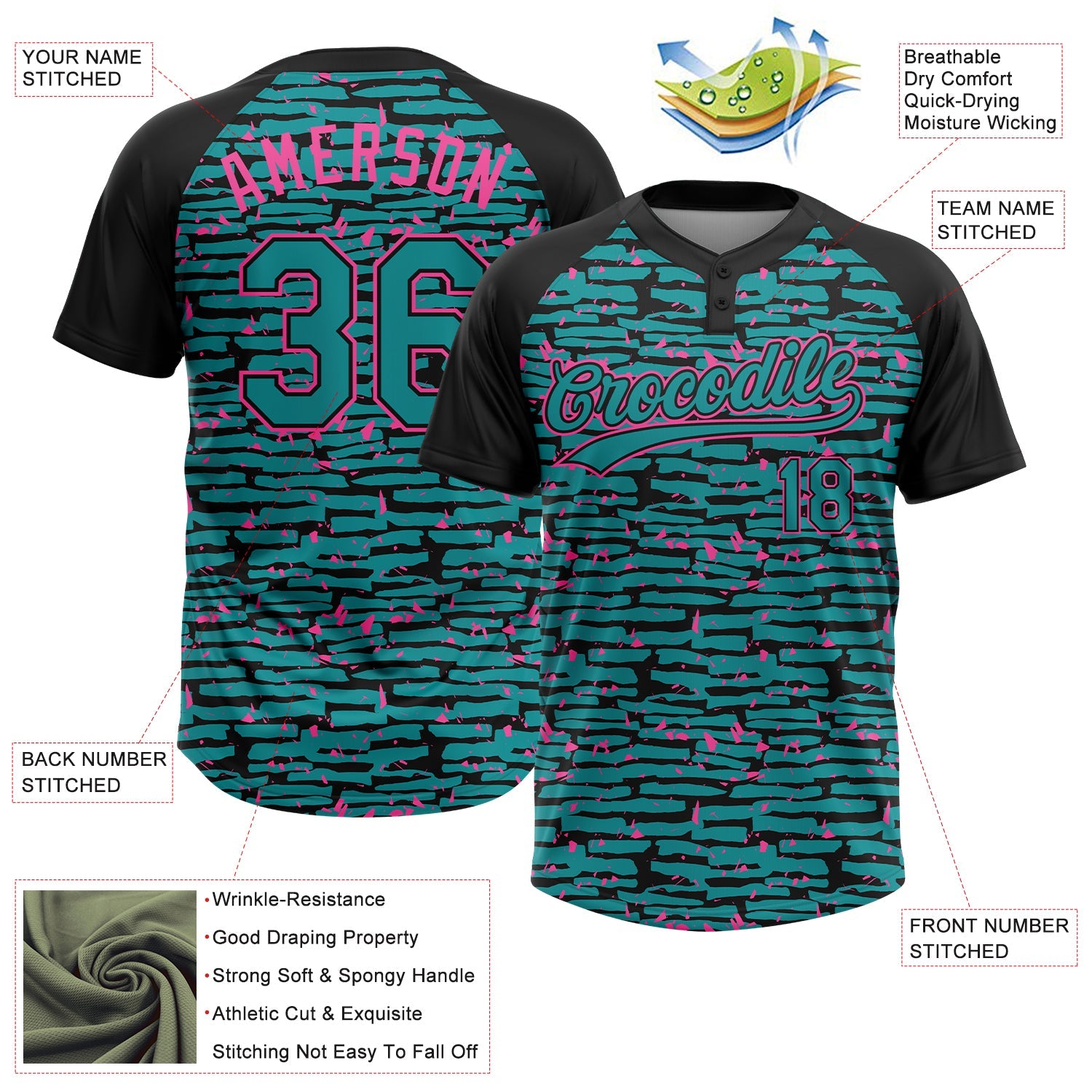 Custom Teal Black-Pink Raglan Sleeves Distressed Fragment Brush Stroke Two-Button Unisex Softball Jersey