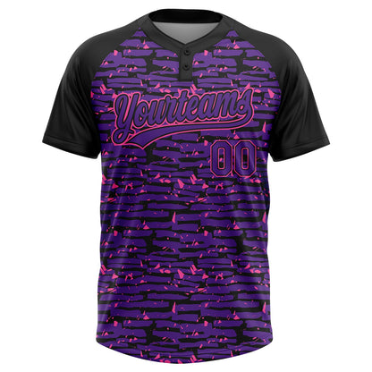 Custom Purple Black-Pink Raglan Sleeves Distressed Fragment Brush Stroke Two-Button Unisex Softball Jersey