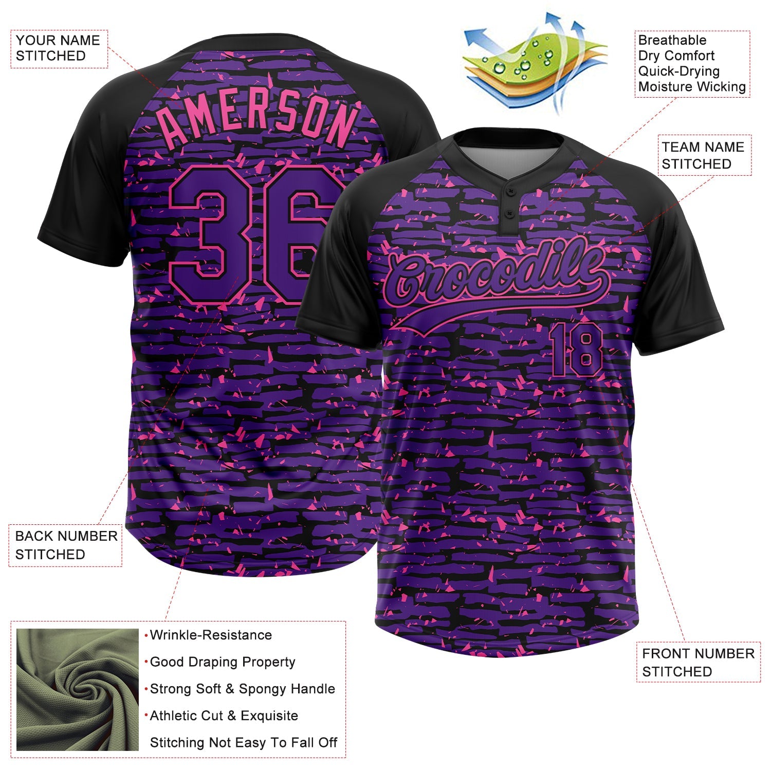 Custom Purple Black-Pink Raglan Sleeves Distressed Fragment Brush Stroke Two-Button Unisex Softball Jersey
