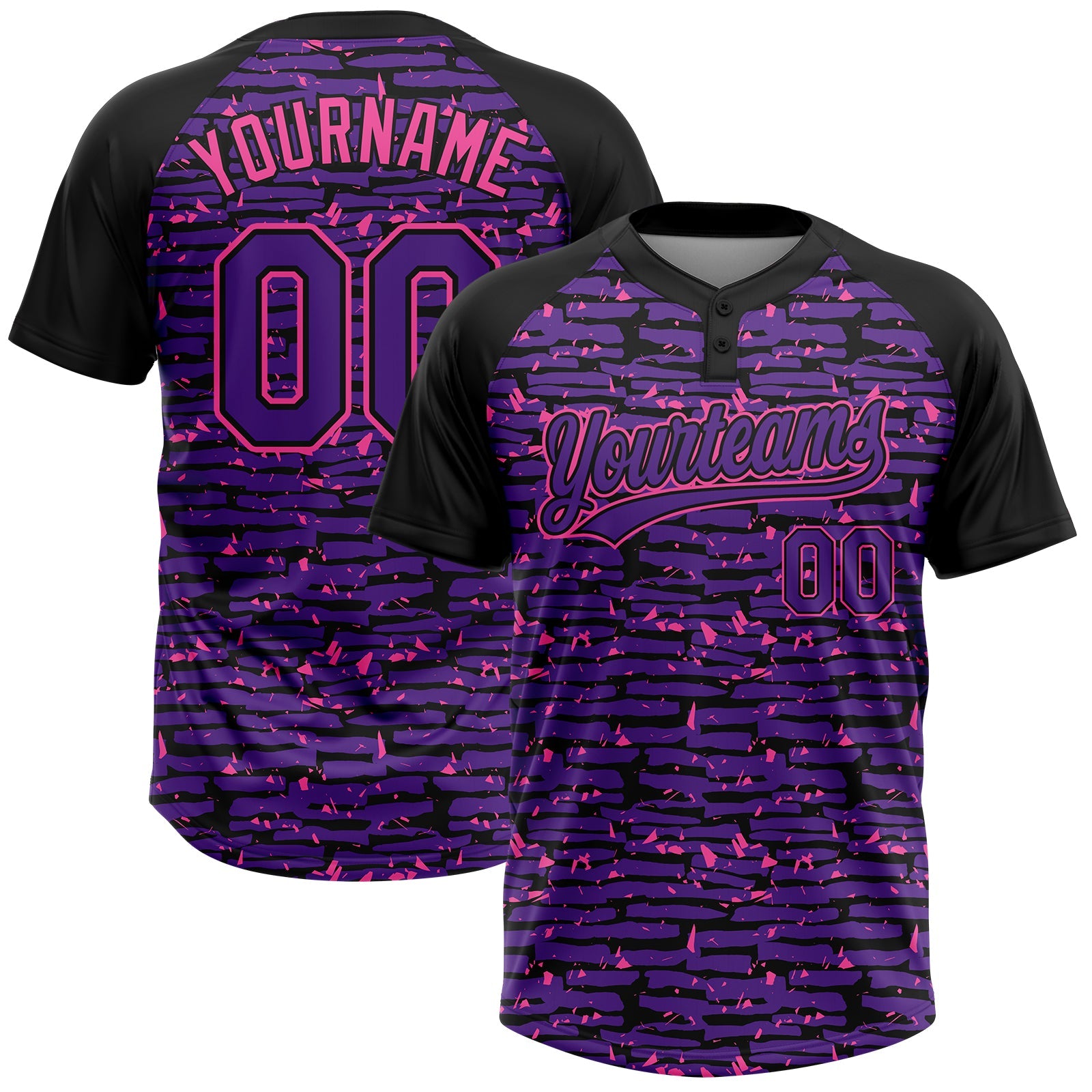 Custom Purple Black-Pink Raglan Sleeves Distressed Fragment Brush Stroke Two-Button Unisex Softball Jersey