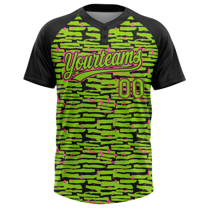 Custom Neon Green Black-Pink Raglan Sleeves Distressed Fragment Brush Stroke Two-Button Unisex Softball Jersey