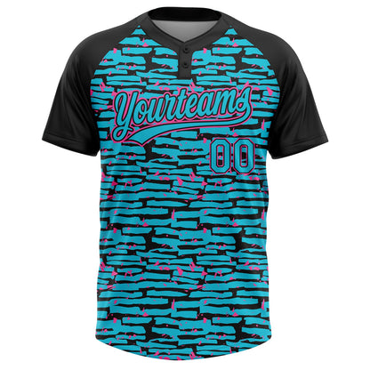 Custom Lakes Blue Black-Pink Raglan Sleeves Distressed Fragment Brush Stroke Two-Button Unisex Softball Jersey