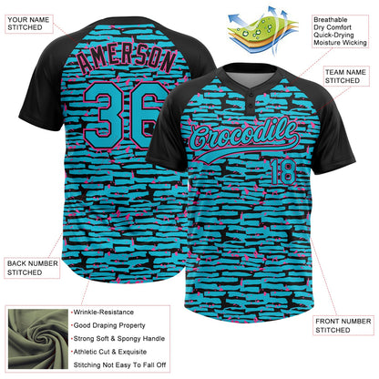 Custom Lakes Blue Black-Pink Raglan Sleeves Distressed Fragment Brush Stroke Two-Button Unisex Softball Jersey