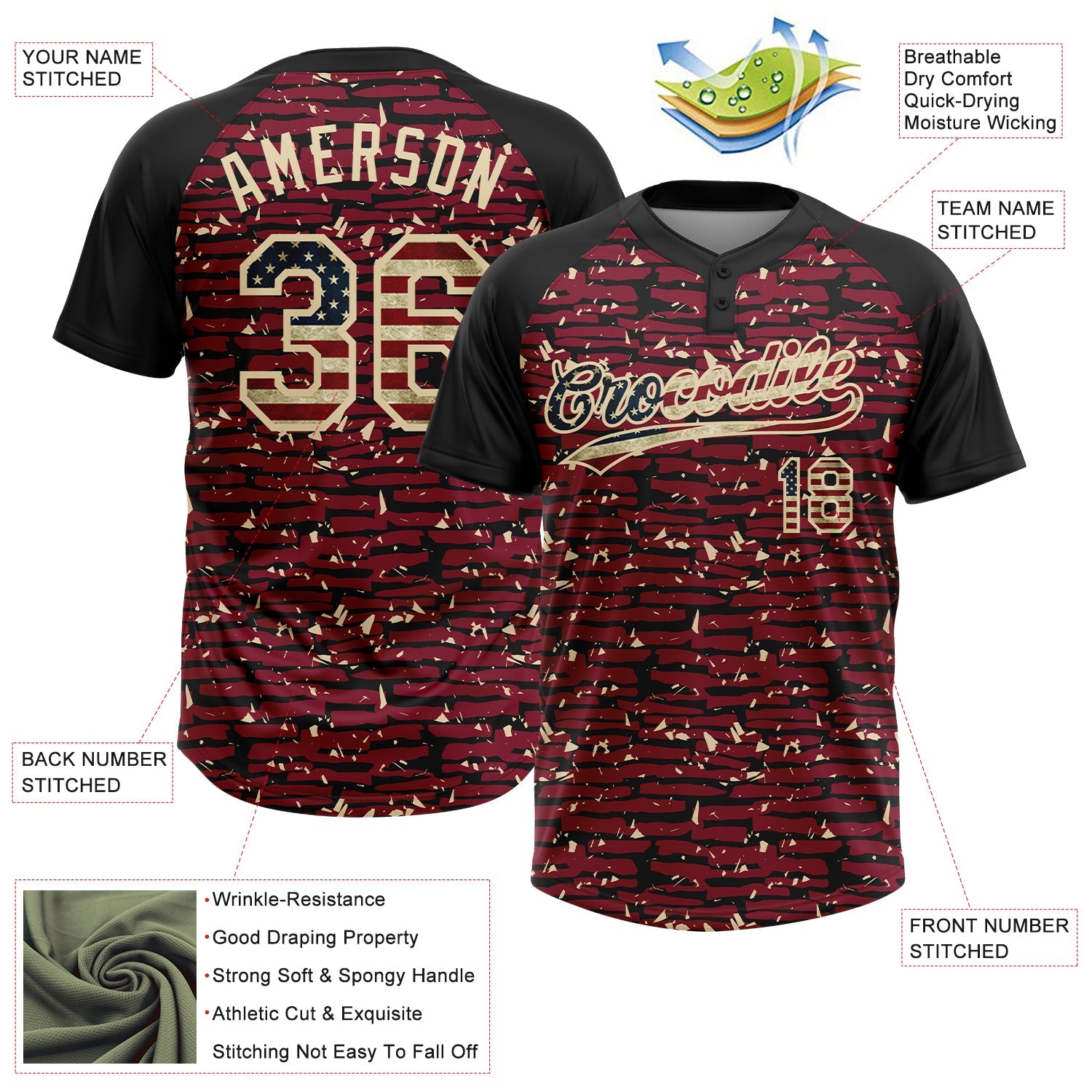 Custom Crimson Vintage USA Flag Black-Cream Raglan Sleeves Distressed Fragment Brush Stroke Two-Button Unisex Softball Jersey