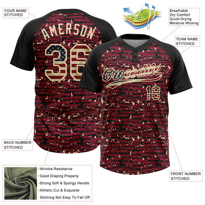 Custom Crimson Vintage USA Flag Black-Cream Raglan Sleeves Distressed Fragment Brush Stroke Two-Button Unisex Softball Jersey