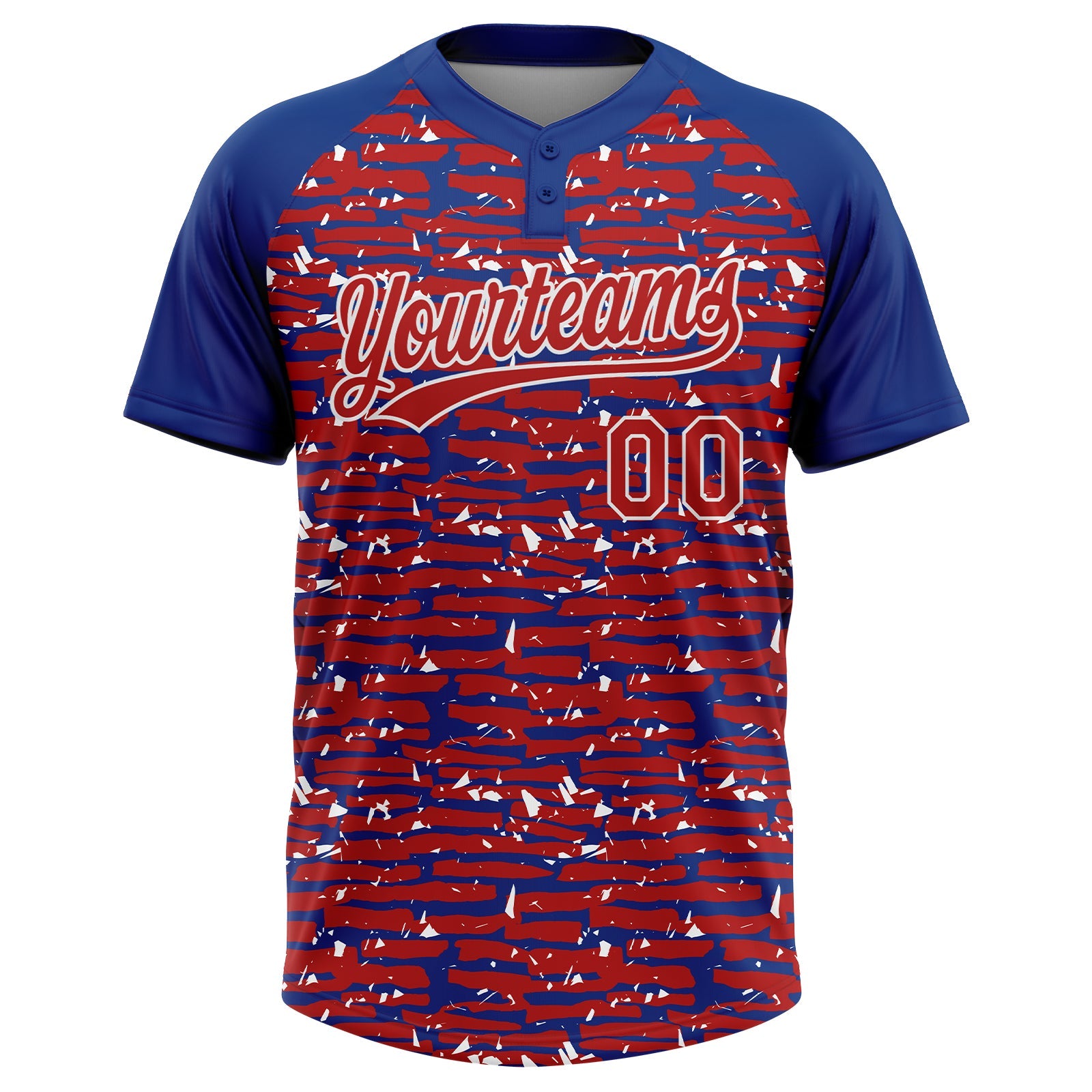 Custom Red Royal-White Raglan Sleeves Distressed Fragment Brush Stroke Two-Button Unisex Softball Jersey