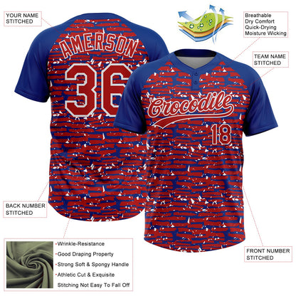Custom Red Royal-White Raglan Sleeves Distressed Fragment Brush Stroke Two-Button Unisex Softball Jersey