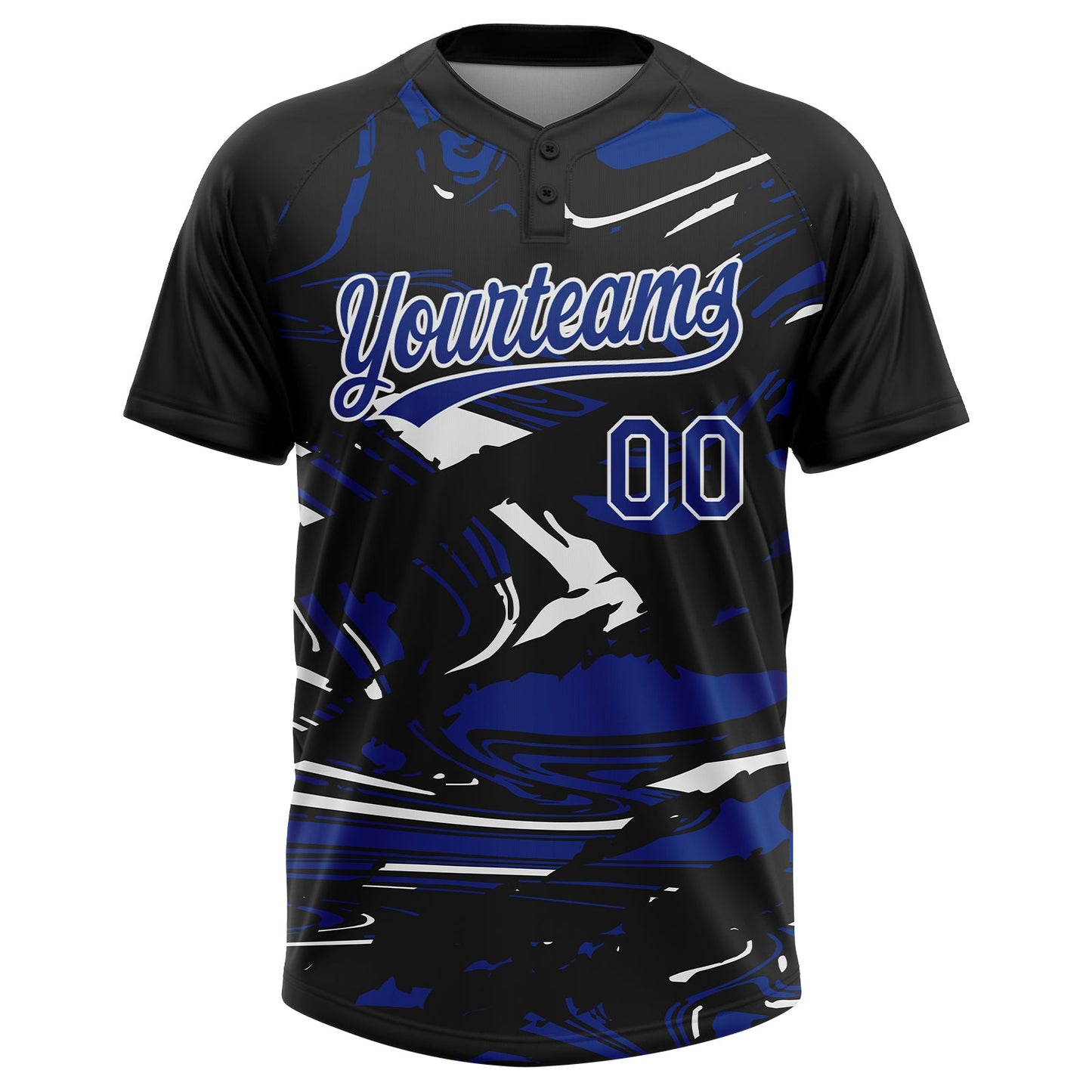 Custom Black Royal-White Raglan Sleeves Abstract Fluid Marble Two-Button Unisex Softball Jersey