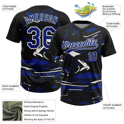 Custom Black Royal-White Raglan Sleeves Abstract Fluid Marble Two-Button Unisex Softball Jersey