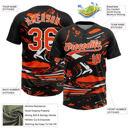 Custom Black Orange-White Raglan Sleeves Abstract Fluid Marble Two-Button Unisex Softball Jersey