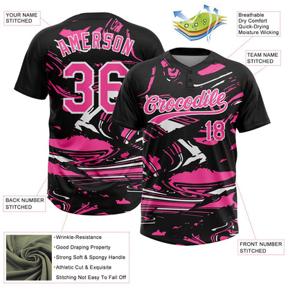 Custom Black Pink-White Raglan Sleeves Abstract Fluid Marble Two-Button Unisex Softball Jersey