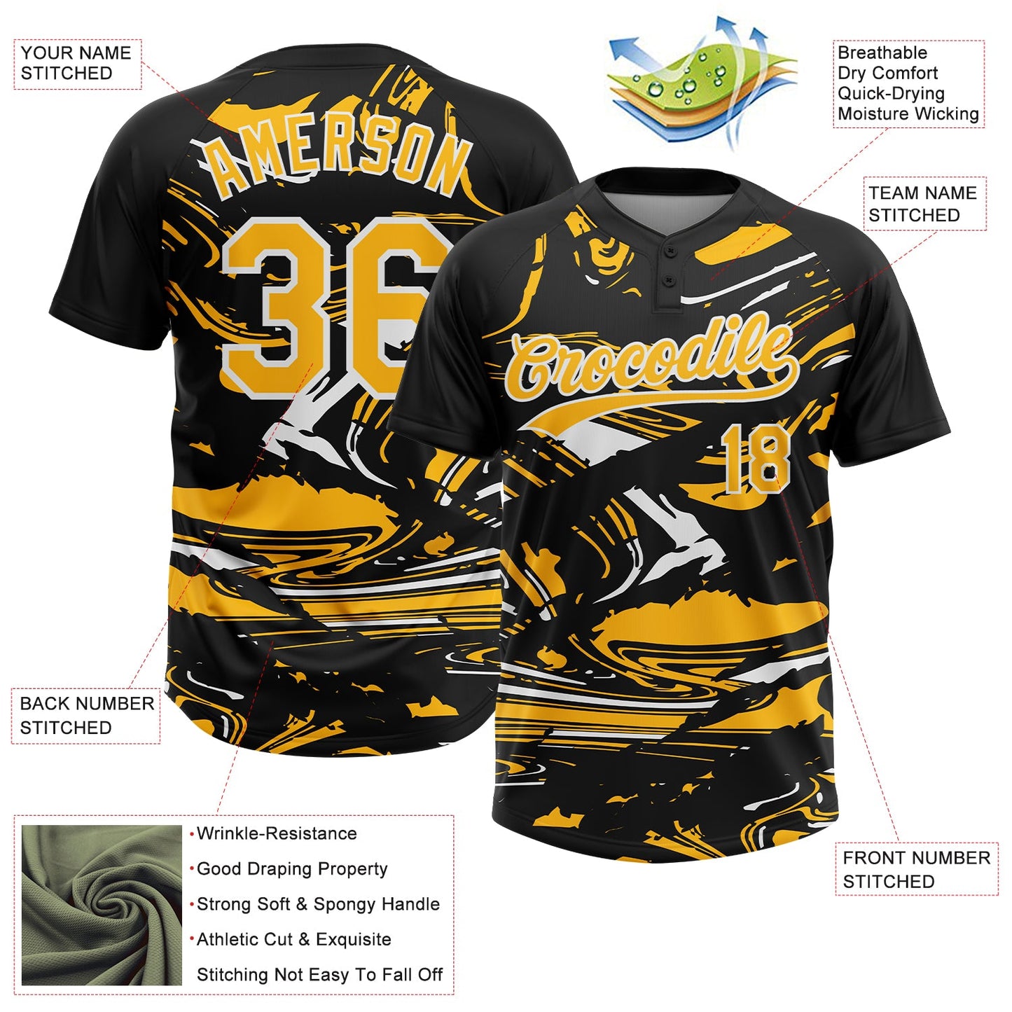 Custom Black Gold-White Raglan Sleeves Abstract Fluid Marble Two-Button Unisex Softball Jersey