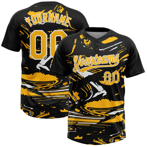 Custom Black Gold-White Raglan Sleeves Abstract Fluid Marble Two-Button Unisex Softball Jersey