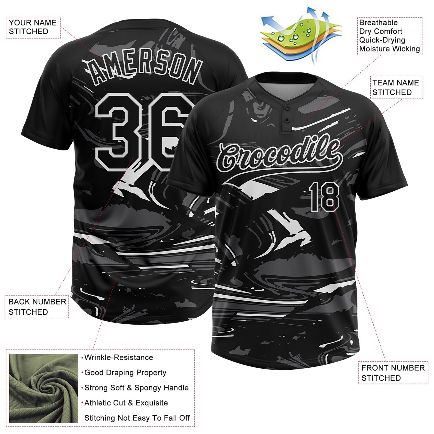 Custom Black Steel Gray-White Raglan Sleeves Abstract Fluid Marble Two-Button Unisex Softball Jersey
