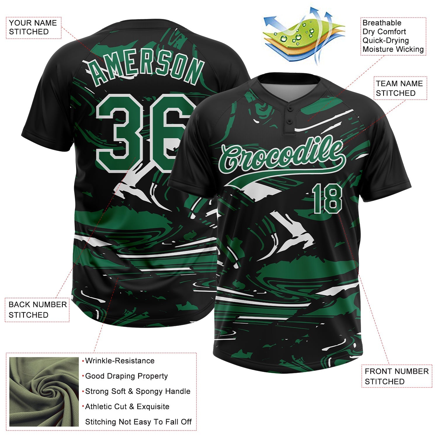 Custom Black Kelly Green-White Raglan Sleeves Abstract Fluid Marble Two-Button Unisex Softball Jersey