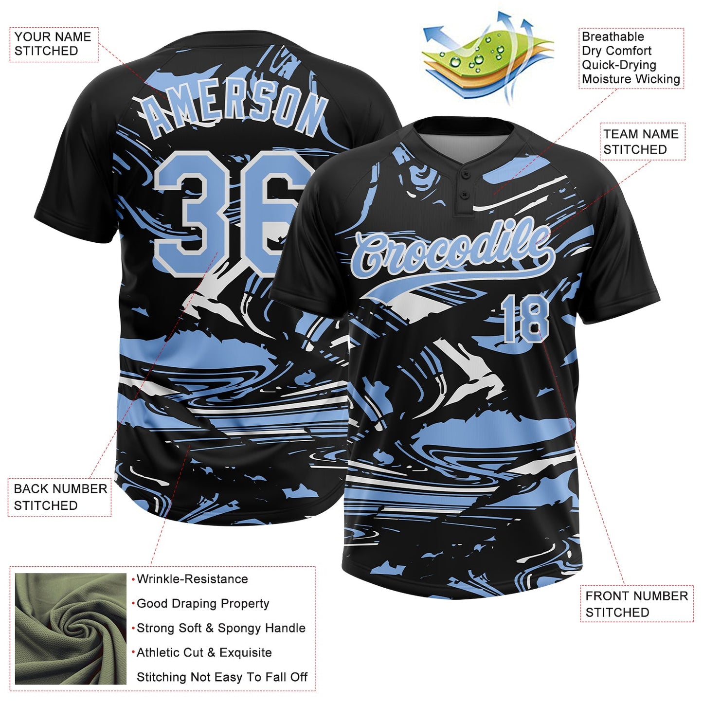 Custom Black Light Blue-White Raglan Sleeves Abstract Fluid Marble Two-Button Unisex Softball Jersey