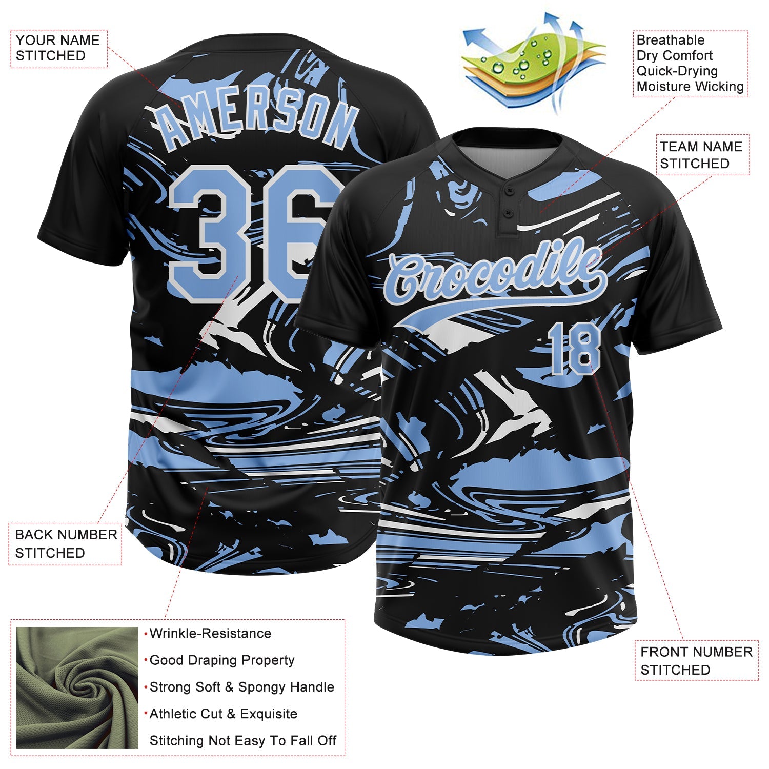 Custom Black Light Blue-White Raglan Sleeves Abstract Fluid Marble Two-Button Unisex Softball Jersey