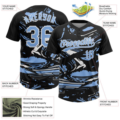 Custom Black Light Blue-White Raglan Sleeves Abstract Fluid Marble Two-Button Unisex Softball Jersey