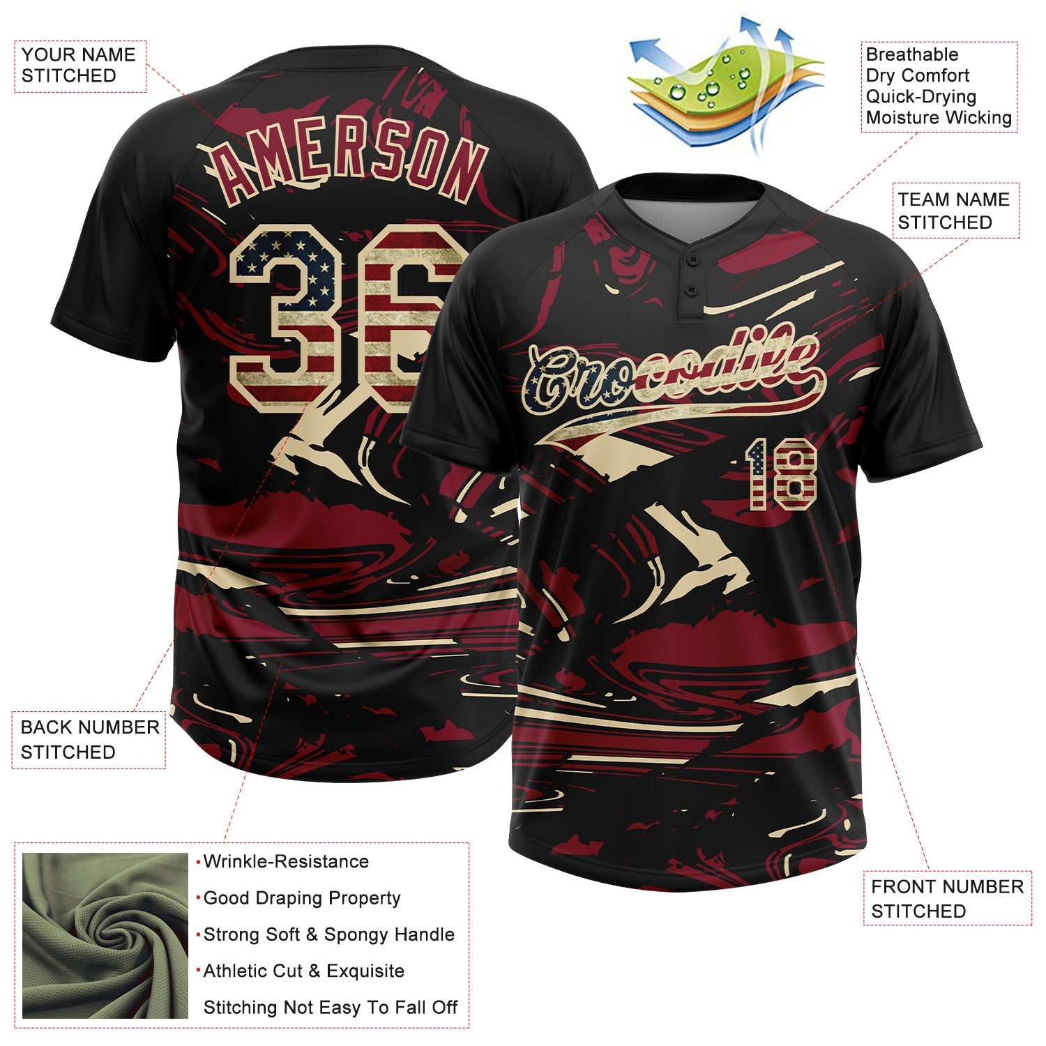 Custom Black Vintage USA Flag Crimson Cream-Cream Raglan Sleeves Abstract Fluid Marble Two-Button Unisex Softball Jersey