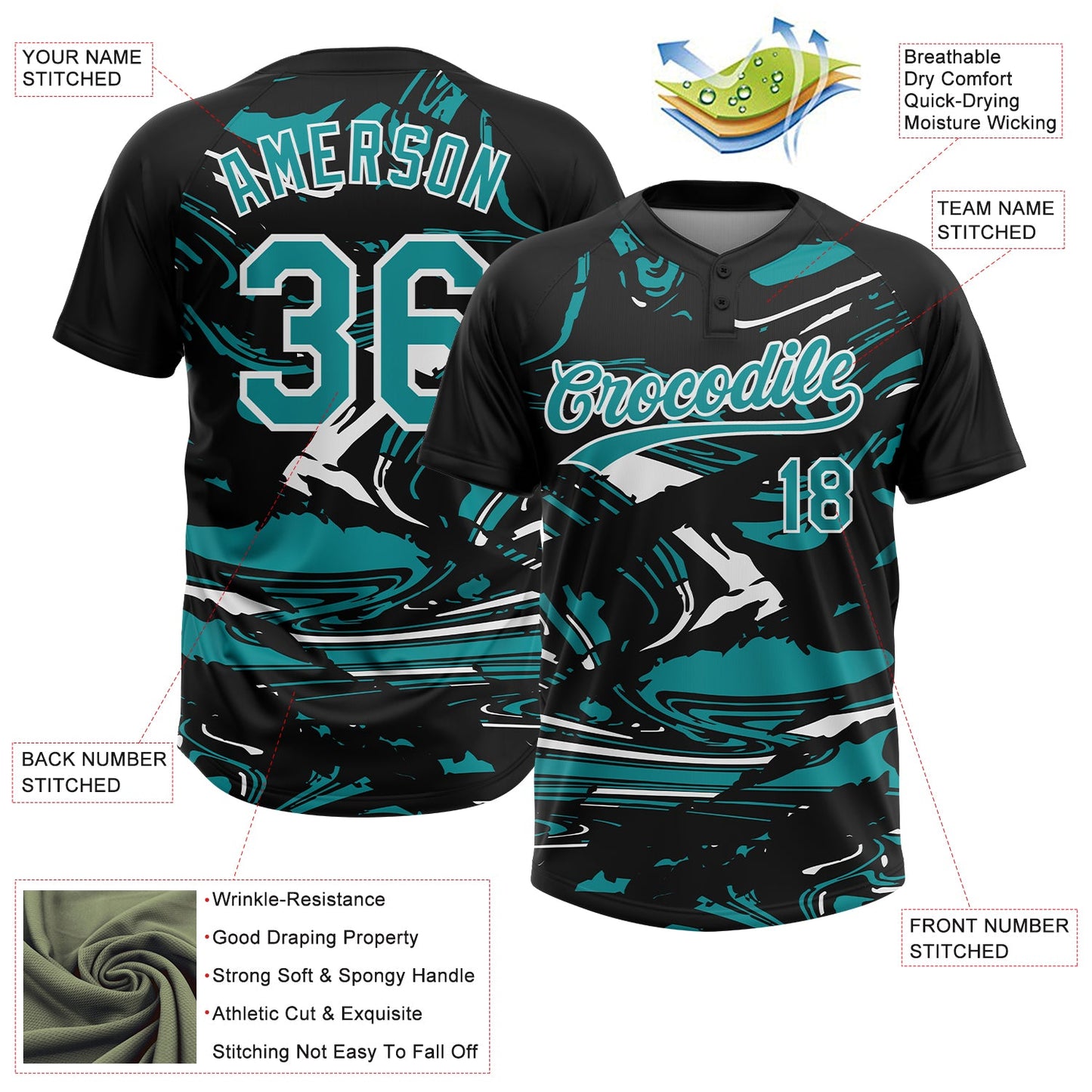 Custom Black Teal-White Raglan Sleeves Abstract Fluid Marble Two-Button Unisex Softball Jersey