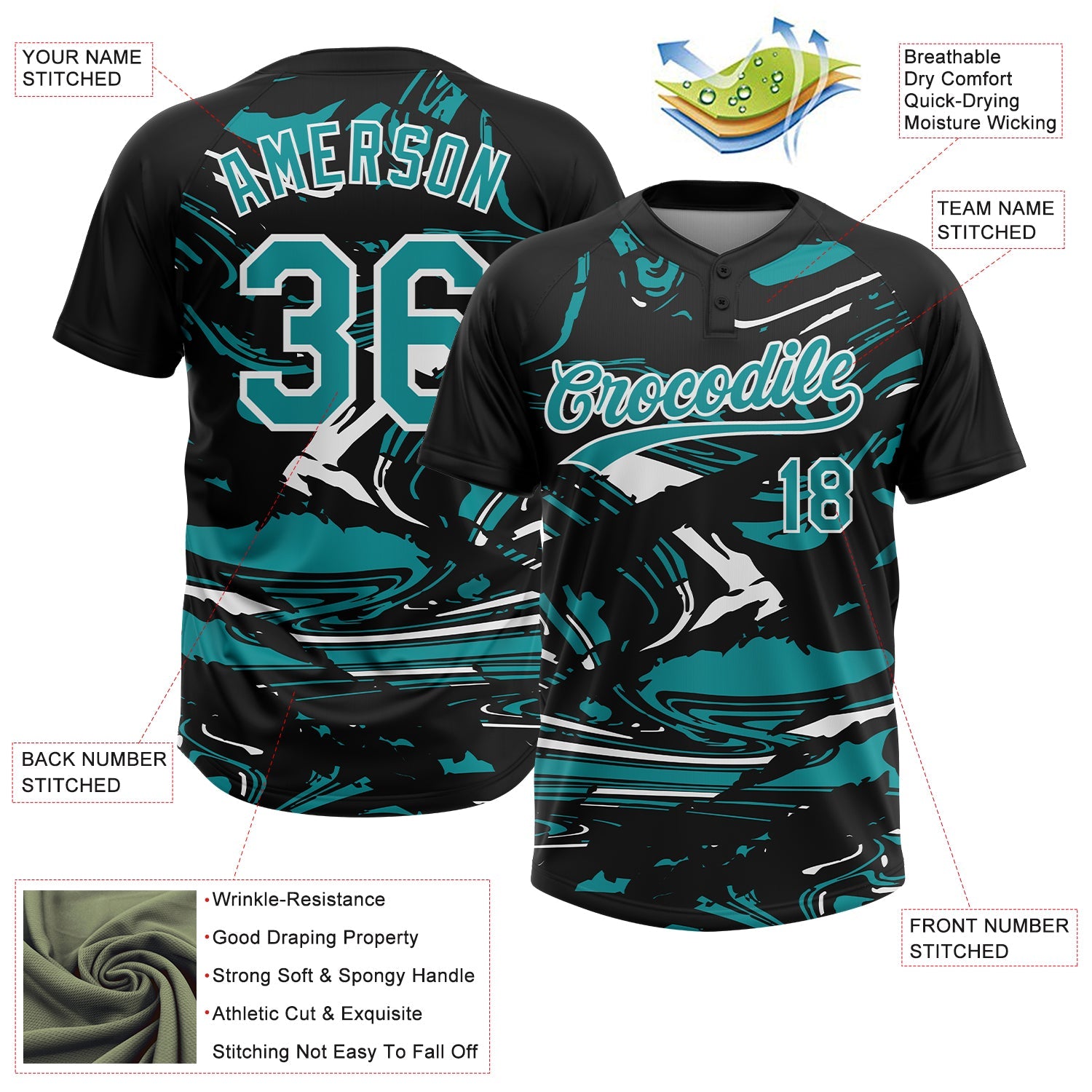 Custom Black Teal-White Raglan Sleeves Abstract Fluid Marble Two-Button Unisex Softball Jersey