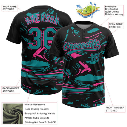 Custom Black Teal-Pink Raglan Sleeves Abstract Fluid Marble Two-Button Unisex Softball Jersey