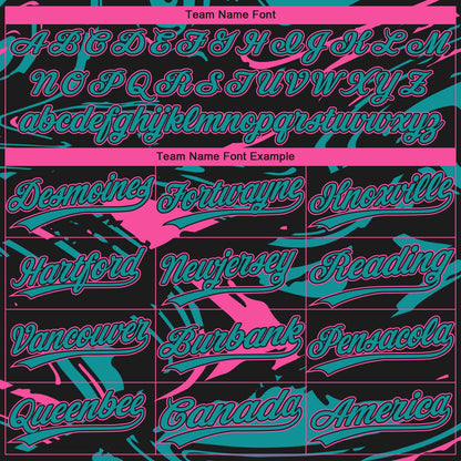 Custom Black Teal-Pink Raglan Sleeves Abstract Fluid Marble Two-Button Unisex Softball Jersey