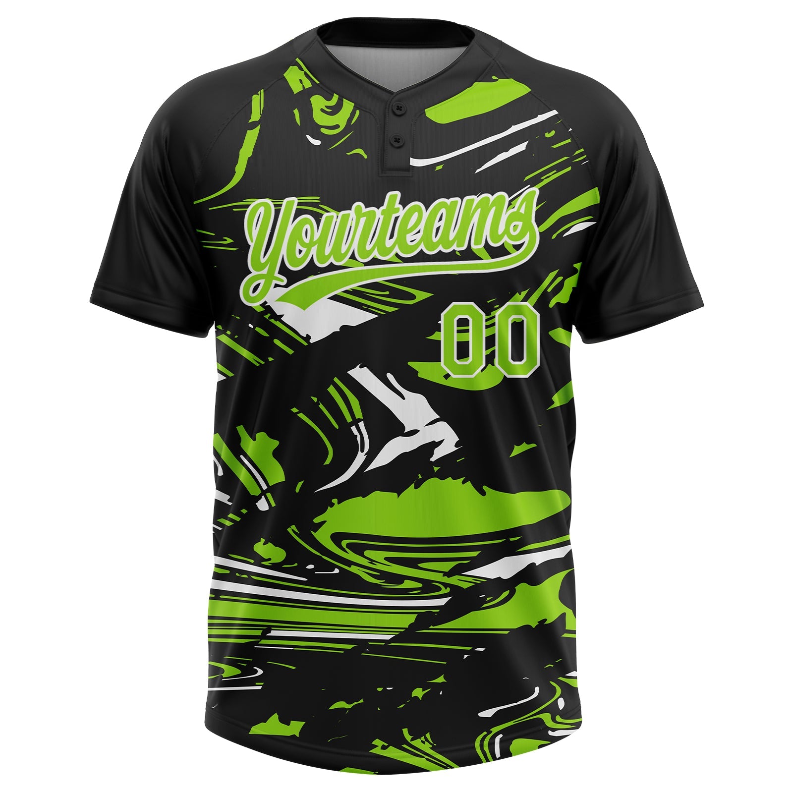 Custom Black Neon Green-White Raglan Sleeves Abstract Fluid Marble Two-Button Unisex Softball Jersey