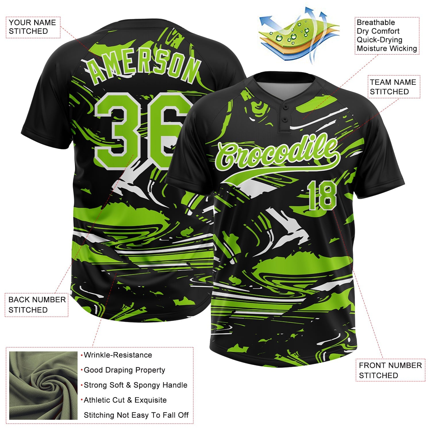 Custom Black Neon Green-White Raglan Sleeves Abstract Fluid Marble Two-Button Unisex Softball Jersey