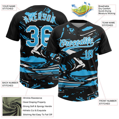 Custom Black Sky Blue-White Raglan Sleeves Abstract Fluid Marble Two-Button Unisex Softball Jersey