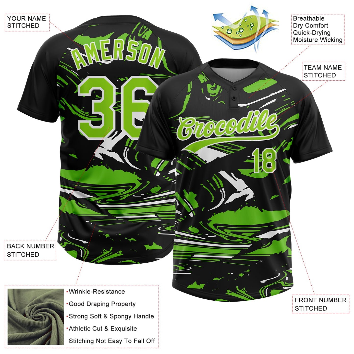 Custom Black Aurora Green-White Raglan Sleeves Abstract Fluid Marble Two-Button Unisex Softball Jersey