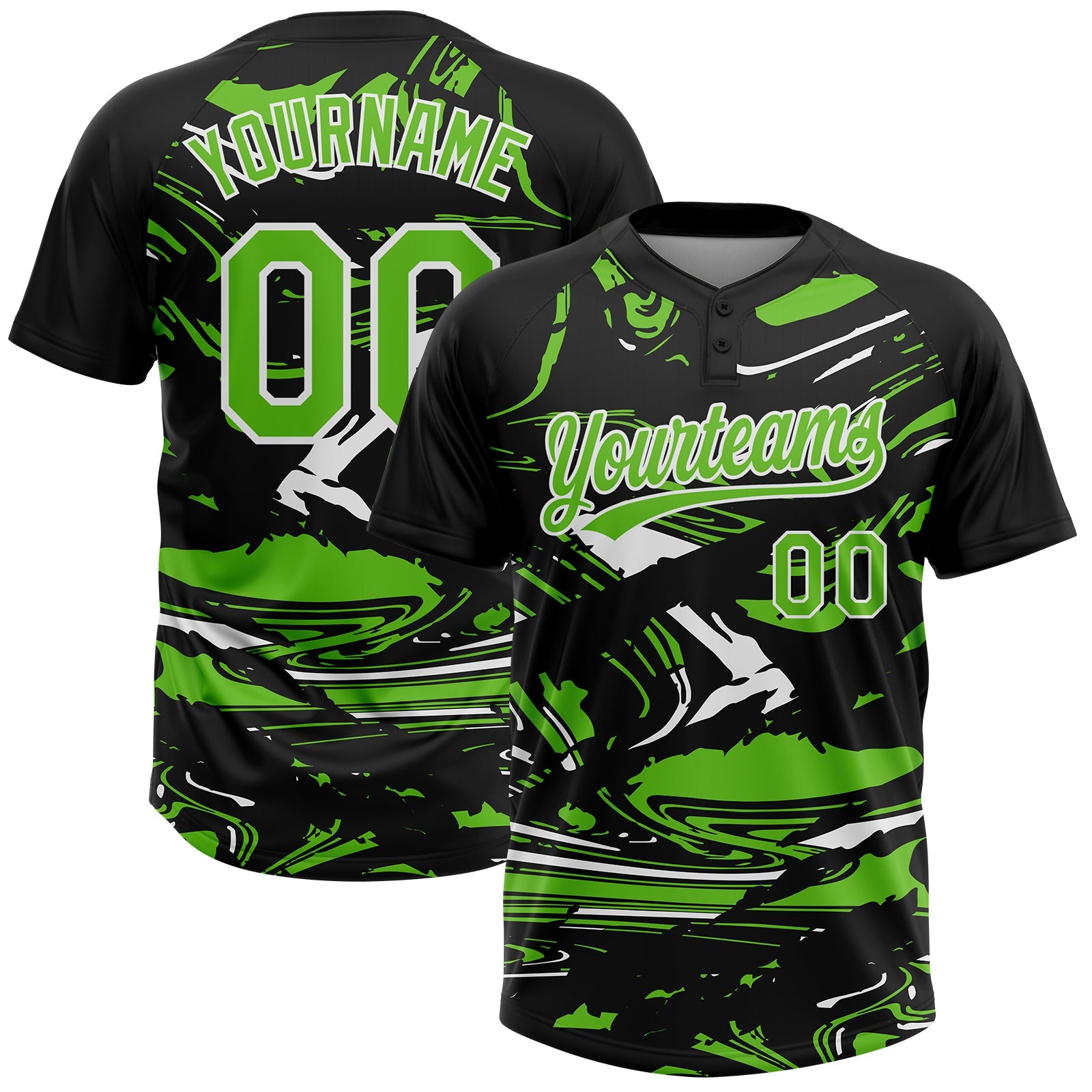 Custom Black Aurora Green-White Raglan Sleeves Abstract Fluid Marble Two-Button Unisex Softball Jersey