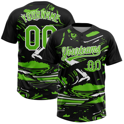 Custom Black Aurora Green-White Raglan Sleeves Abstract Fluid Marble Two-Button Unisex Softball Jersey