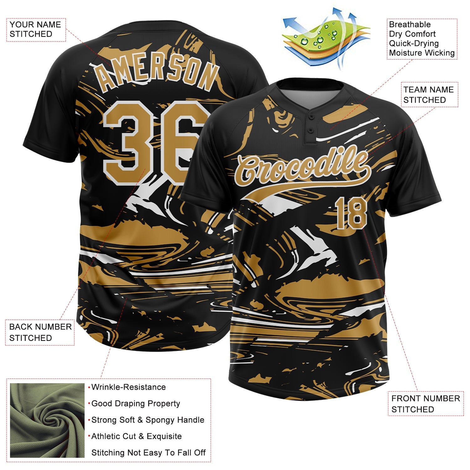 Custom Black Old Gold-White Raglan Sleeves Abstract Fluid Marble Two-Button Unisex Softball Jersey