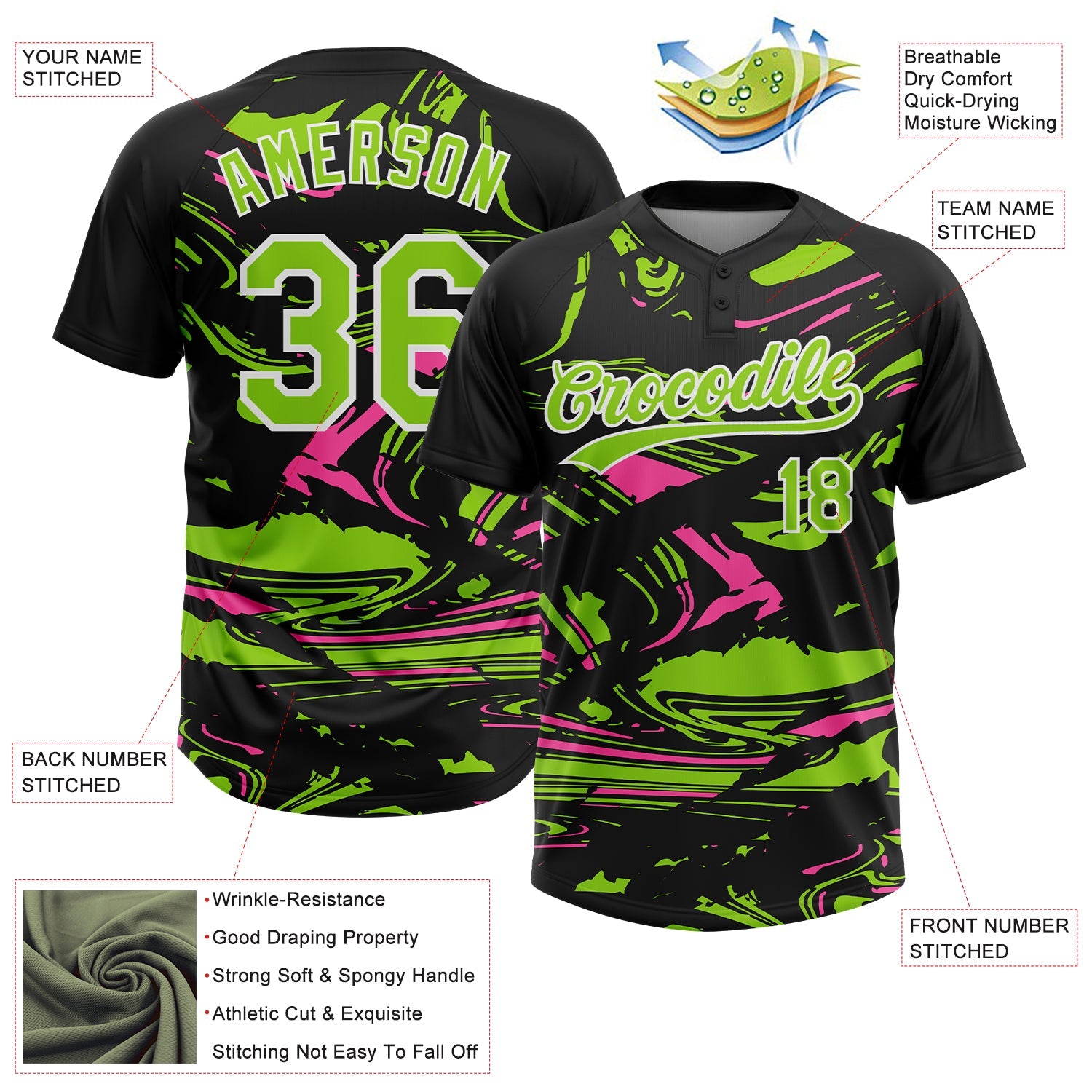Custom Black Neon Green Pink-White Raglan Sleeves Abstract Fluid Marble Two-Button Unisex Softball Jersey