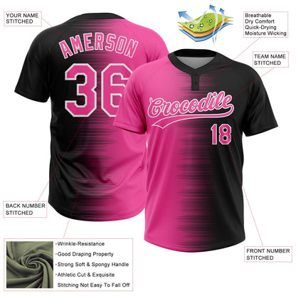 Custom Black Pink-White Gradient Horizontal Stripe Two-Button Unisex Softball Jersey