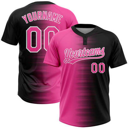 Custom Black Pink-White Gradient Horizontal Stripe Two-Button Unisex Softball Jersey