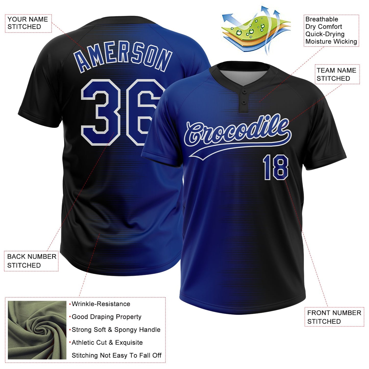 Custom Black Royal-White Gradient Horizontal Stripe Two-Button Unisex Softball Jersey