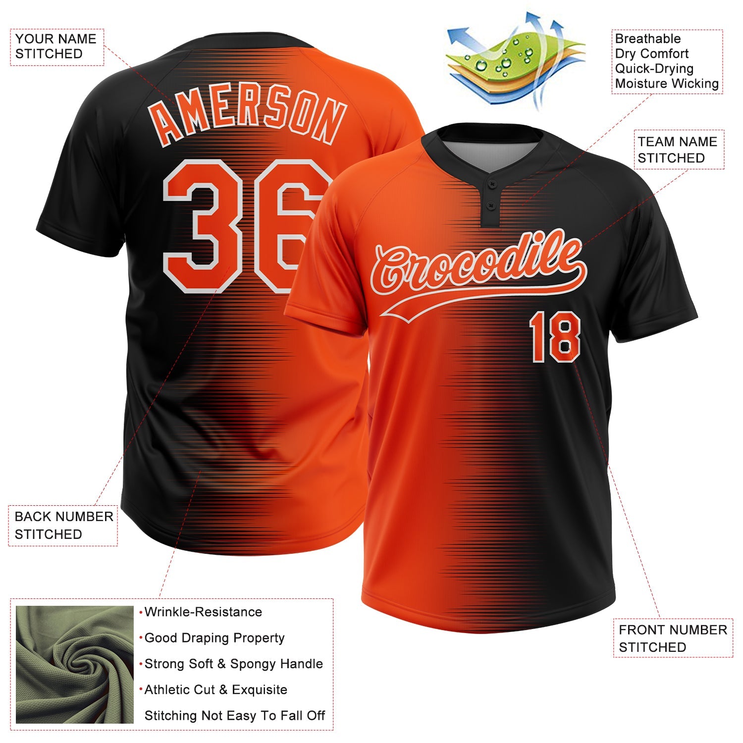 Custom Black Orange-White Gradient Horizontal Stripe Two-Button Unisex Softball Jersey