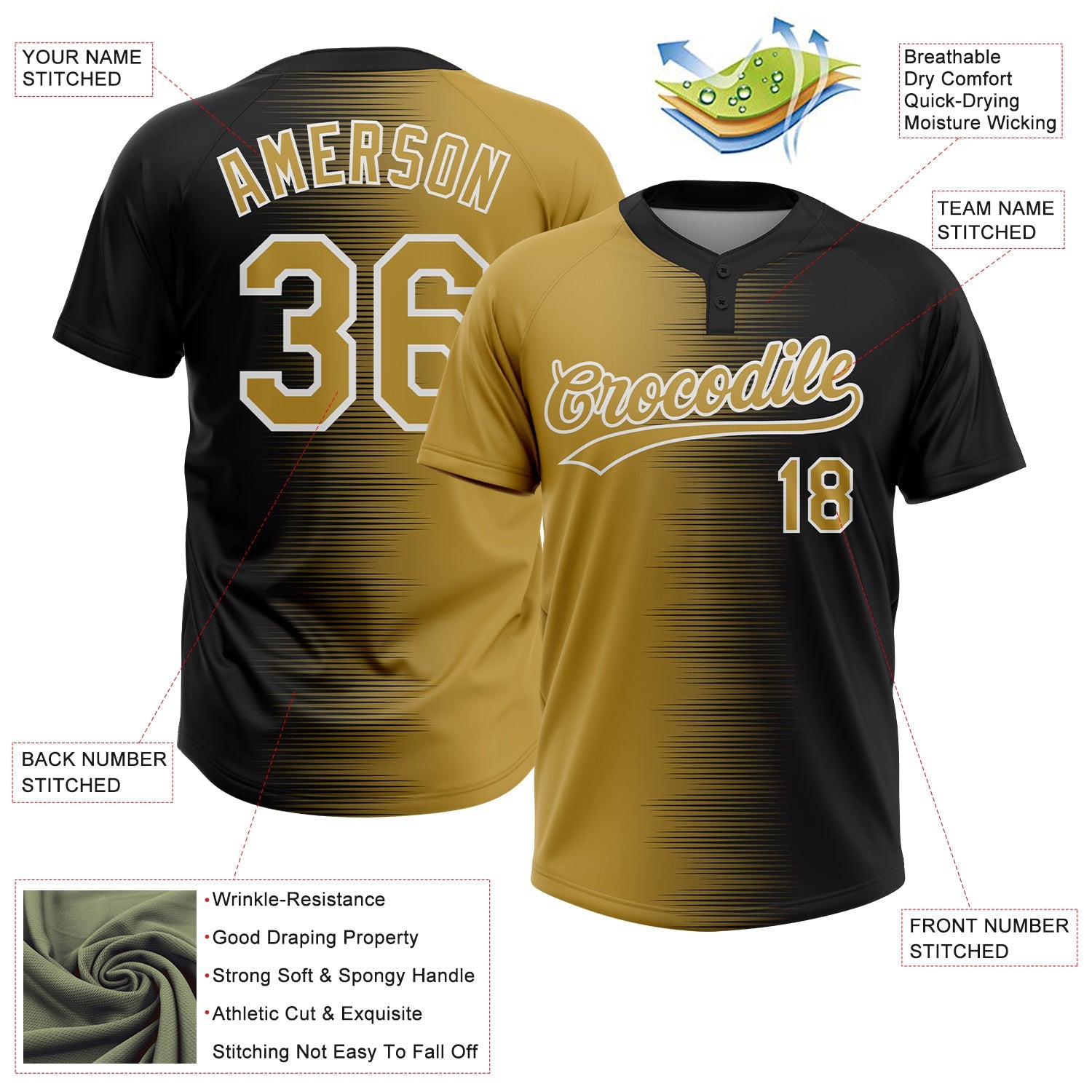 Custom Black Old Gold-White Gradient Horizontal Stripe Two-Button Unisex Softball Jersey